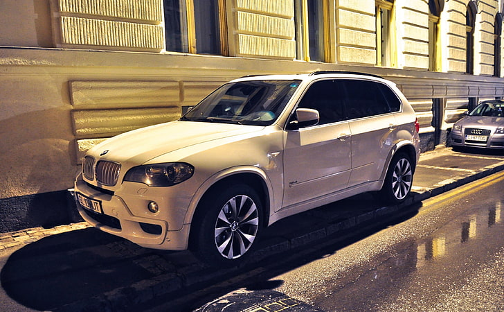 X5, white BMW SUV, Cars, BMW, City, Night, Photography, car, x5, bmw x5, white bmw x5, HD wallpaper