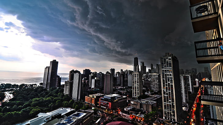 градски пейзаж, балкон, облачно, Чикаго, буря, небе, облаци, HD тапет