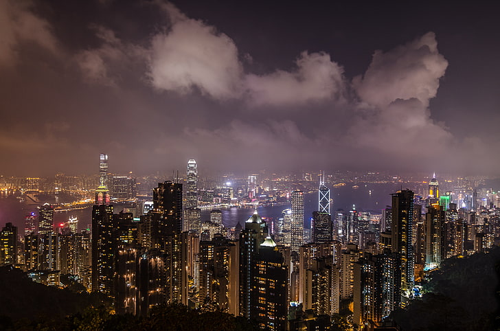 city skyline, night city, skyscrapers, metropolis, city lights, hong kong, HD wallpaper