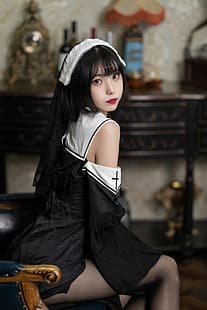 Xu Lan, kvinnor, modell, asiatisk, cosplay, nunnor, nunna outfit, strumpbyxor, kvinnor inomhus, HD tapet HD wallpaper