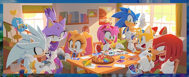 Sonic, Sonic the Hedgehog, Blaze the Cat, Sonic Silver, Tails (personaje), Knuckles, Cream, cream the rabbit, Amy Rose, Sega, juegos de PC, arte de videojuegos, arte cómico, ultra ancho, Fondo de pantalla HD