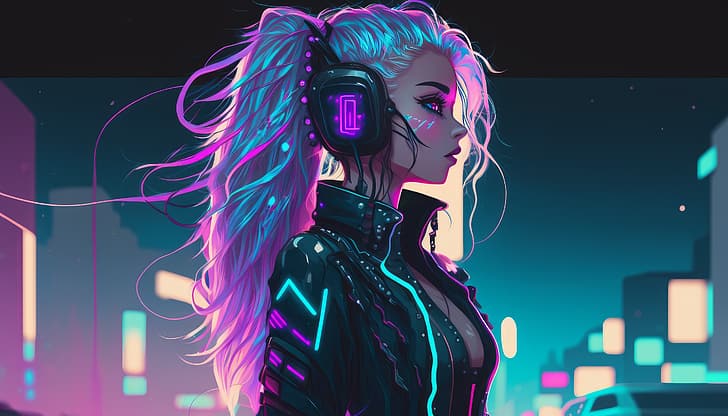 Seni AI, ilustrasi, wanita, kota, cyberpunk, anime, malam, Wallpaper HD