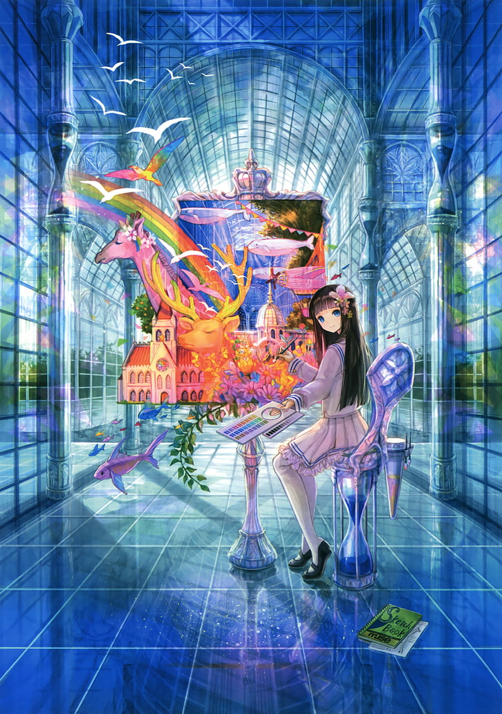 anime girl, painting, sitting, building, abstract, rainbow, castle, deer, birds, Anime, HD wallpaper