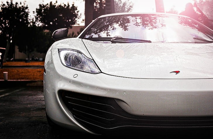 McLaren MP4-12C, white sports car, McLaren, MP4-12C, white, Supercar, rain, HD wallpaper