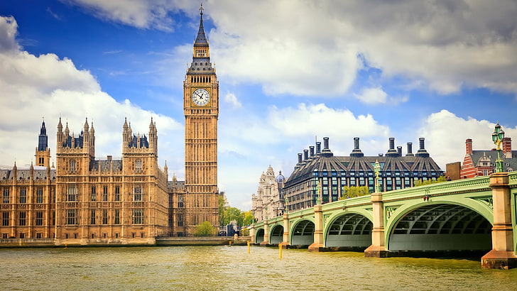 palace of westminster, bridge, river, england, government, tourism, westminster bridge, clock tower, palace, westminster, parliament, big ben, houses of parliament, city, historic site, tower, sky, tourist attraction, landmark, united kingdom, london, thames, HD wallpaper