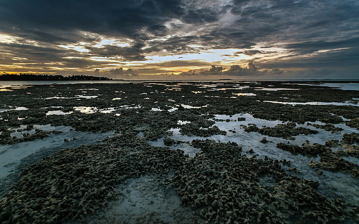 costa, isla, mar, puesta de sol, nubes, paisaje, horizonte, Fondo de pantalla HD