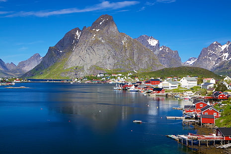 body of water, mountains, and dock, sea, mountains, coast, Norway, town, The Lofoten Islands, The Norwegian sea, Lofoten, HD wallpaper HD wallpaper