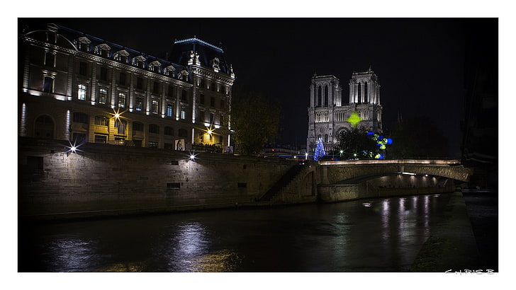 черно-белое бетонное здание, Париж, ночь, HD обои