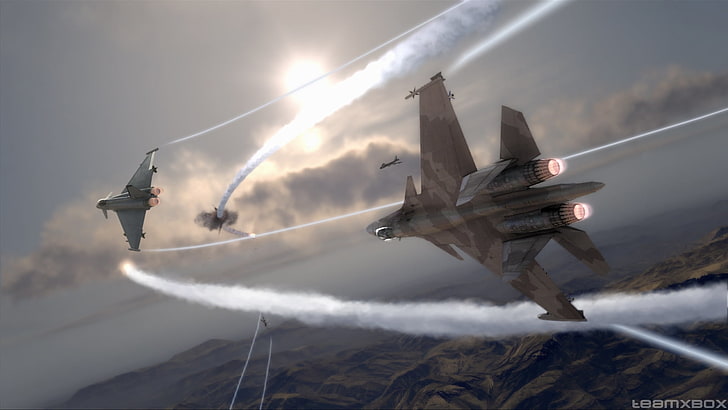 jet da combattimento grigio illustrazione, HAWX, Dogfight, Eurofighter Typhoon 2000, Terminator Su-37, Sfondo HD