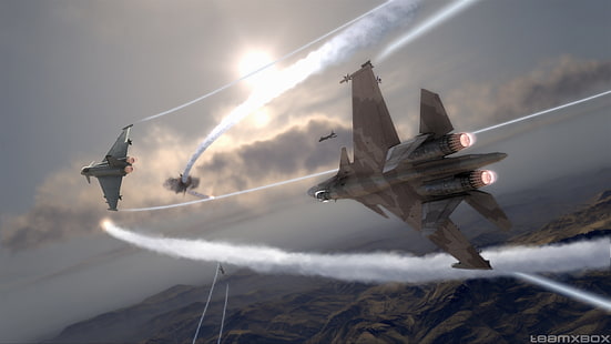 иллюстрация серого истребителя, HAWX, воздушный бой, Eurofighter Typhoon 2000, Су-37 Терминатор, HD обои HD wallpaper