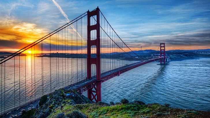 地平線、夜明け、アメリカ、カリフォルニア、日の出、アメリカ合衆国、朝、斜張橋、ゴールデンゲートブリッジ、橋、吊り橋、空、都市、自然、太陽、水、サンフランシスコ、 HDデスクトップの壁紙