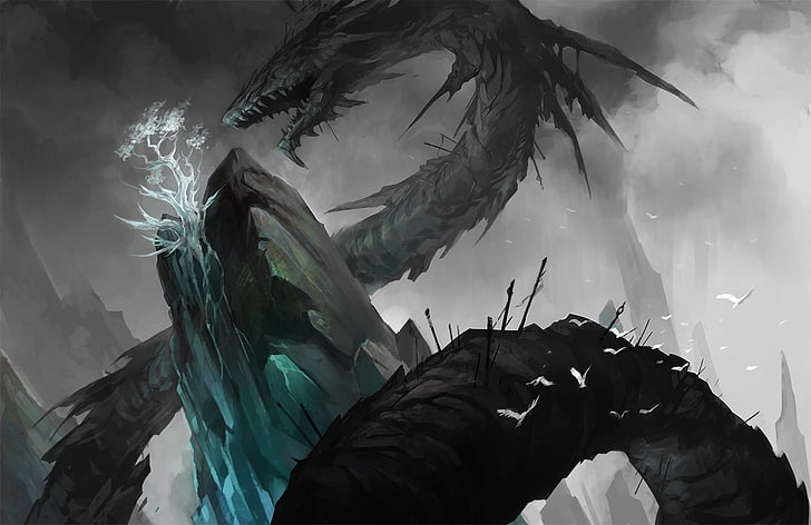 Fond d'écran 3D dragon noir, dragon, arbres, flèches, sandara, art fantastique, Fond d'écran HD