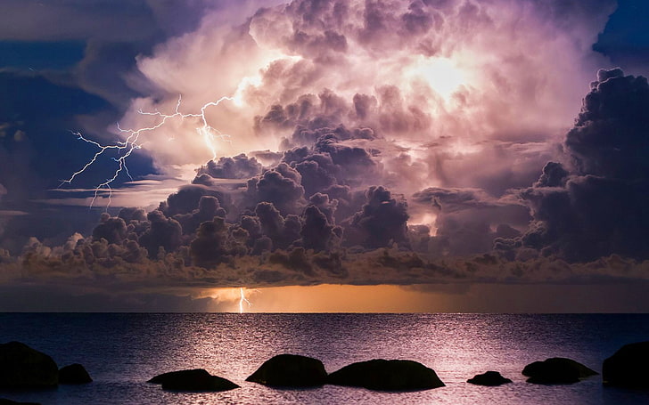 clouds, lightning, nature, rain, sky, storm, thunderstorm, HD wallpaper