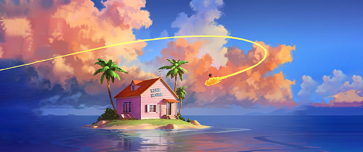 digitale Kunst, Son Goku, Dragon Ball, Dragon Ball Z, Insel, ultraweit, ultraweit, HD-Hintergrundbild HD wallpaper