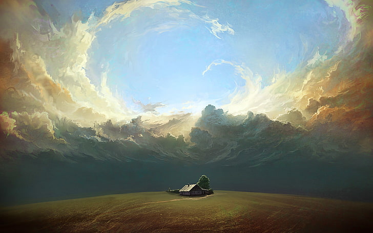 karya seni rumah dan awan, awan, seni digital, Wallpaper HD