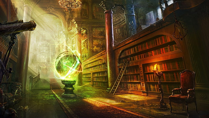 магия, замок, фэнтези-арт, библиотека, шар, лестница, колонна, HD обои