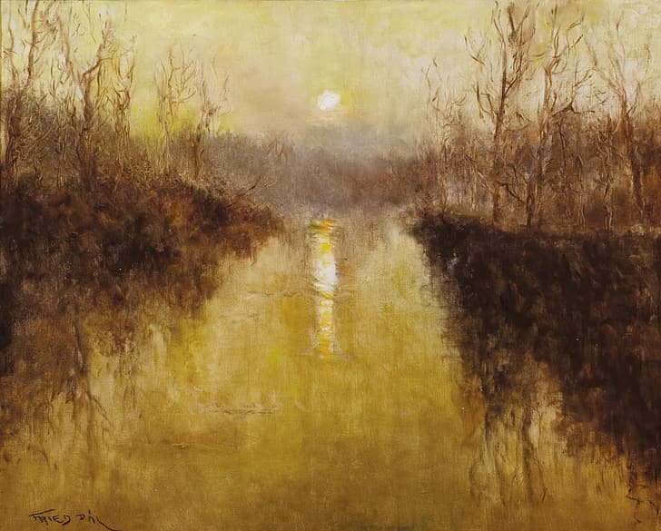 sunset, river, Genre painting, PAL Fried, River landscape in France, HD wallpaper