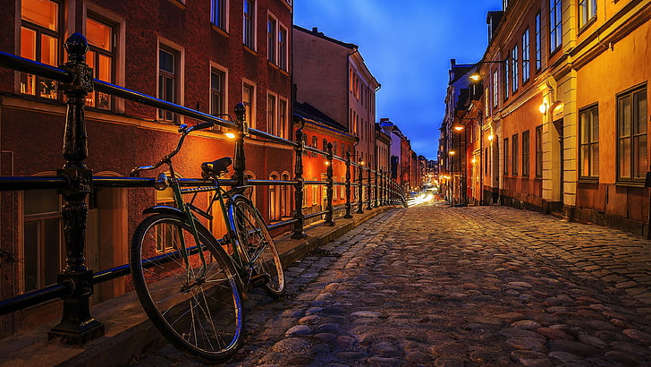 city, building, house, cobblestone, street light, night, evening, neighbourhood, alley, stockholm, lane, urban area, road, street, bicycle, sky, sweden, HD wallpaper