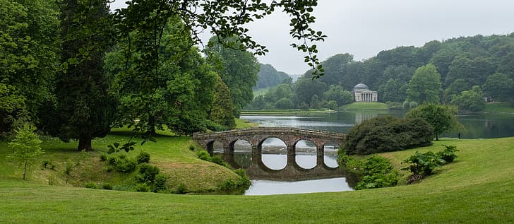árboles, puente, lago, Inglaterra, panorama, Almacenado, Wiltshire, el parque paisajístico, Jardines Stourhead, Fondo de pantalla HD
