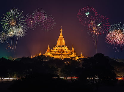 Golden Pagoda, Fireworks, Asia, Thailand, Travel, Colorful, Night, Fireworks, Building, Architecture, Amazing, Photography, Temple, Heritage, Celebration, ancient, Vacation, culture, Buddhism, pagoda, Destination, sacred, visit, tourism, HD wallpaper HD wallpaper