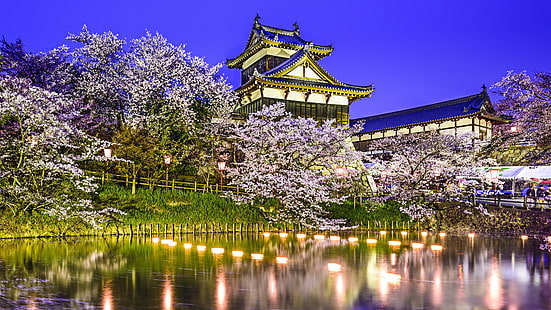 Япония, яматокорияма, замък корияма, замък, Азия, езерце, здрач, нощ, вечер, туристическа атракция, префектура Нара, пролет, ямато, сакура, черешов цвят, HD тапет HD wallpaper