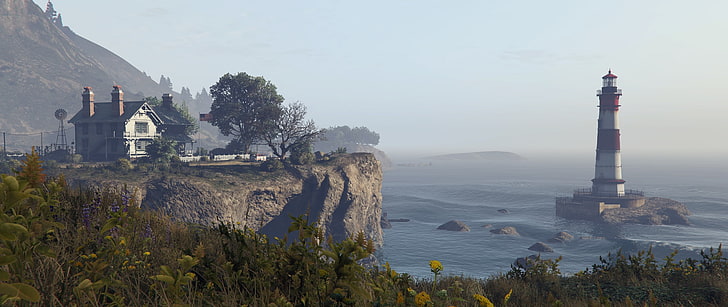 山の崖と家、グランドセフトオートV、ビデオゲームの近くの白と赤の灯台、 HDデスクトップの壁紙
