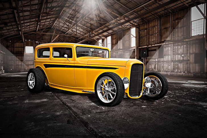 yellow and black muscle car, yellow, retro, hangar, classic, hot-rod, classic car, HD wallpaper