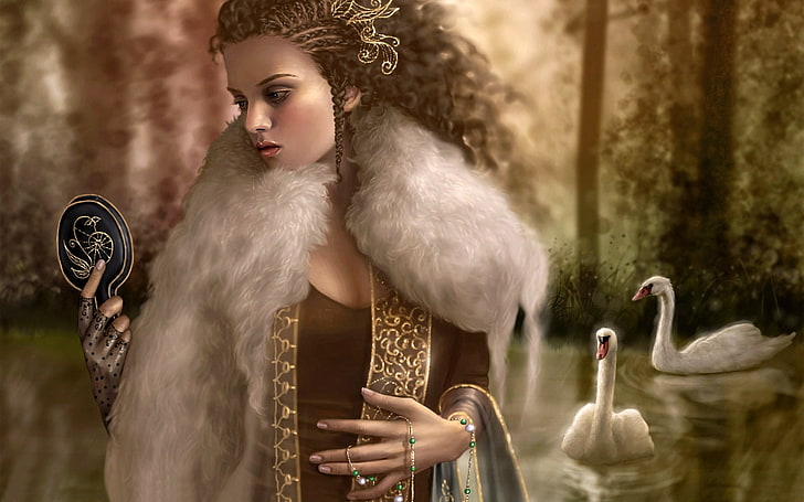 woman and two swans painting, girl, mirror, swans, fur, HD wallpaper