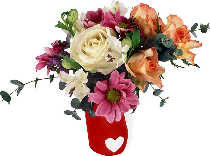 białe, różowe i pomarańczowe kwiaty dekoracja stołu, róże, lilie, kwiaty, bukiet, wazon, serce, Tapety HD