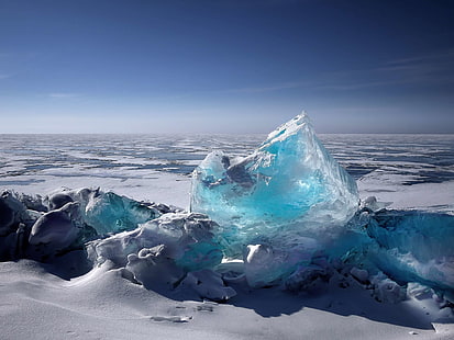 blue sky, cold, frost, frosty, frozen, glacier, horizon, ice, iceberg, nature, ocean, polar, sea, sky, snow, water, winter, HD wallpaper HD wallpaper