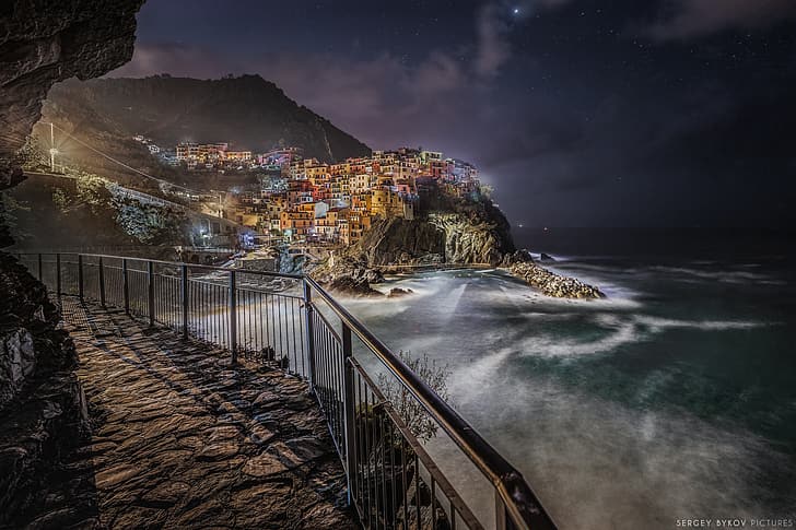 sea, rocks, coast, building, home, the evening, Italy, The Ligurian sea, Manarola, Cinque Terre, Ligurian Sea, Сергей Быков, HD wallpaper