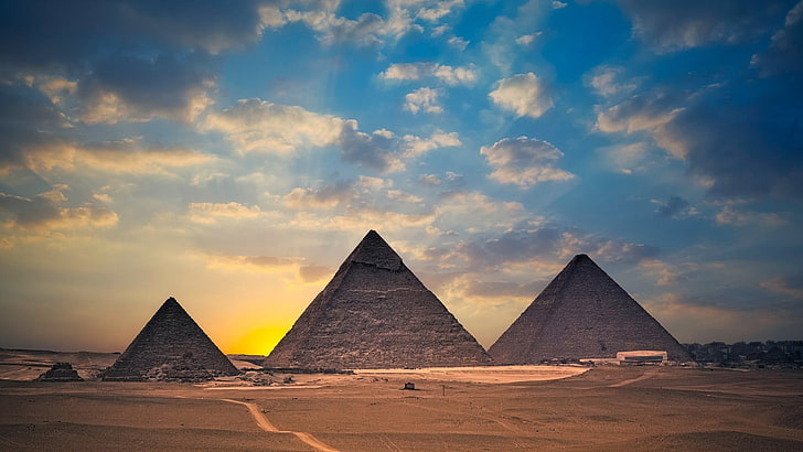 Piramida Agung Giza, Mesir, Mesir, piramida, filter, Piramida Giza, alam, arsitektur, gurun, matahari terbenam, lanskap, awan, Wallpaper HD