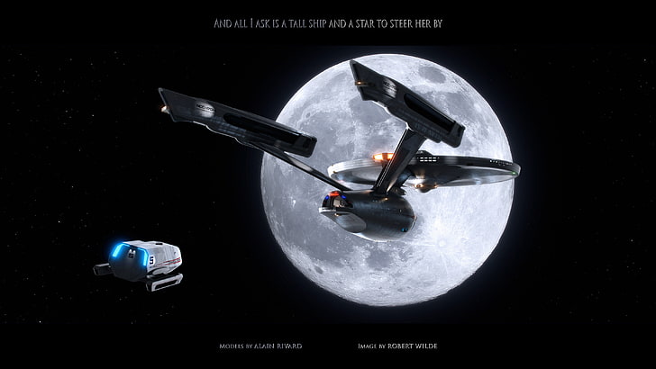 enterprise, moon, shuttle, spaceship, star, stars, starship, trek, HD wallpaper