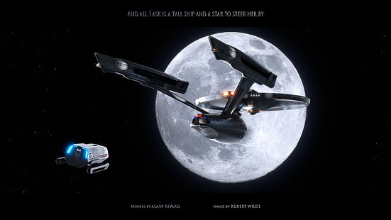 enterprise, moon, shuttle, spaceship, star, stars, starship, trek, HD wallpaper HD wallpaper