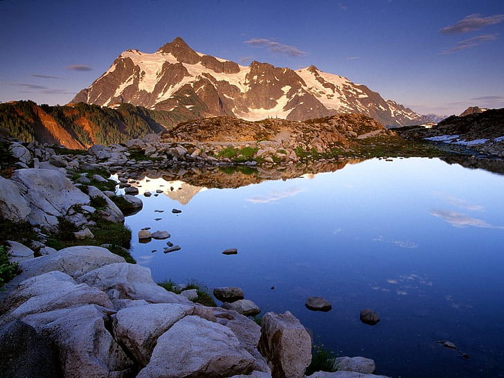 синьо езеро планина Шуксан в Сънсет езеро, Вашингтон, САЩ Природа планини HD изкуство, синьо, планина, езеро, планини, езера, планина, HD тапет