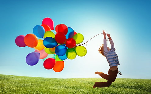 шары разного цвета, воздушный шар, прыжки, HD обои HD wallpaper