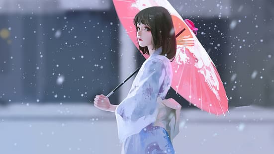 аниме девушки, зонт, кимоно, снег, HD обои HD wallpaper