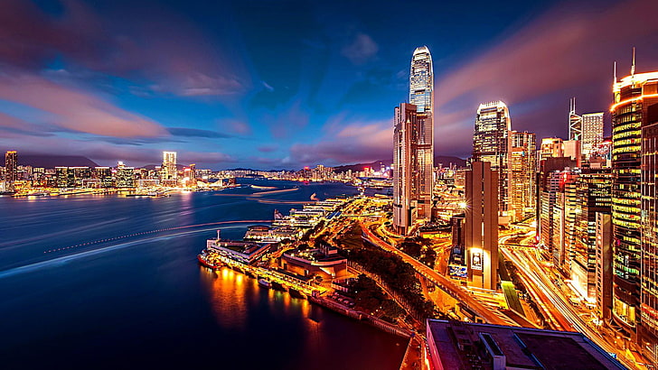 Hong Kong, porto, notte, luci, paesaggio urbano, scenario, luci della città, Sfondo HD