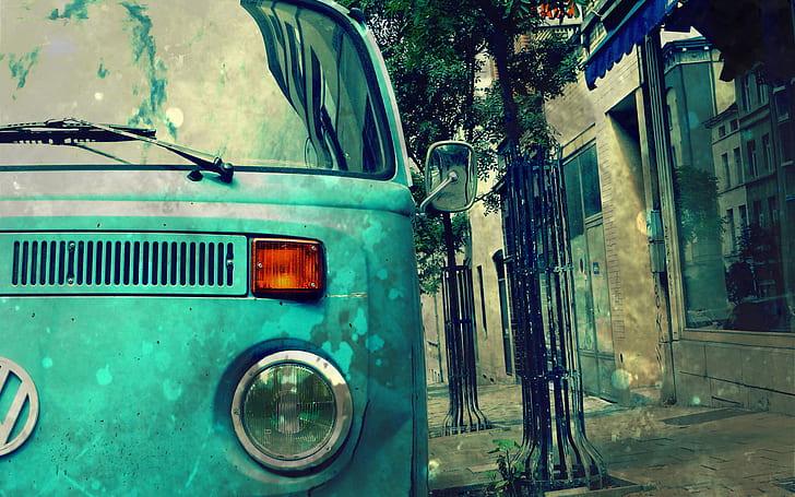 Old Dusty Vw Right From The 70's, cars, cityscape, historical, photography, turquoise, van, volkswagenbus, HD wallpaper