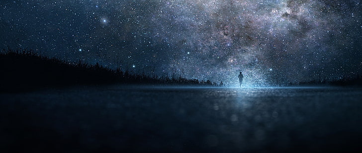 ilustrasi awan ruang, langit malam, nebula, bintang, horizon, siluet, Wallpaper HD