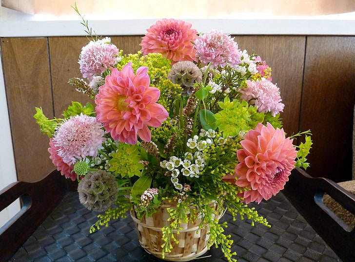 розово венчелистче, георгини, цветя, букети, композиция, красиво, HD тапет