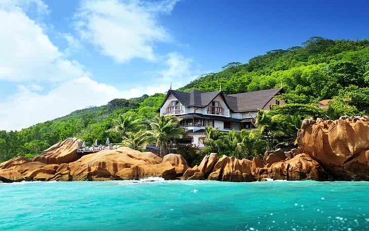 Patatran Village Hotel La Digue Island en las Seychelles tropical Wallpaper HD 2560 × 1600, Fondo de pantalla HD