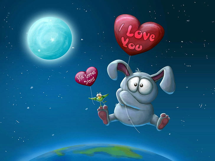 私はあなたを愛しています彼はあなたを愛しています、赤いハートと灰色のウサギ私はあなたを愛していますバルーン漫画、愛、愛しています、 HDデスクトップの壁紙
