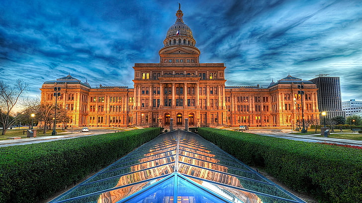Капитолий штата Техас, Техас, Капитолий Техаса, Конгресс-авеню, Остин, США, историческое место, архитектура, Соединенные Штаты, отражение, вечер, здание, дворец, HD обои