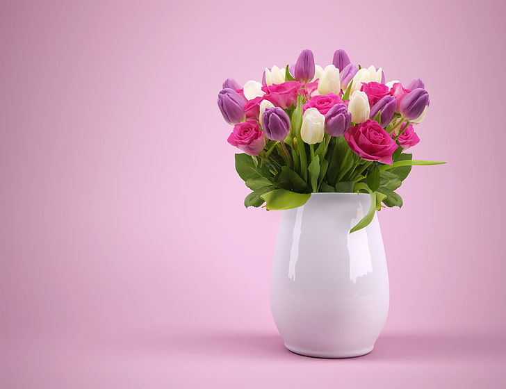 Bouquet di fiori, colorato, vaso di fiori, rose, rosa, Sfondo HD