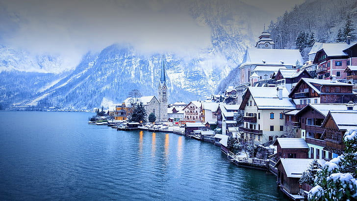 Hallstatt, Austria, landscape, snow, winter, mountains, river, HD wallpaper