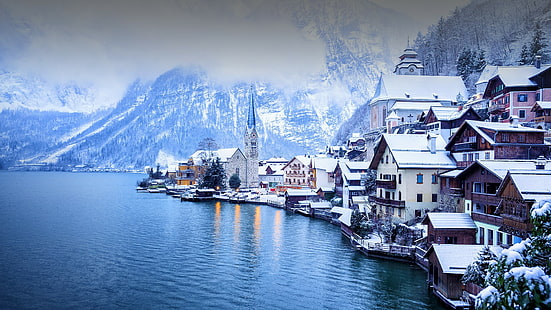 Hallstatt, Österrike, landskap, snö, vinter, berg, flod, HD tapet HD wallpaper