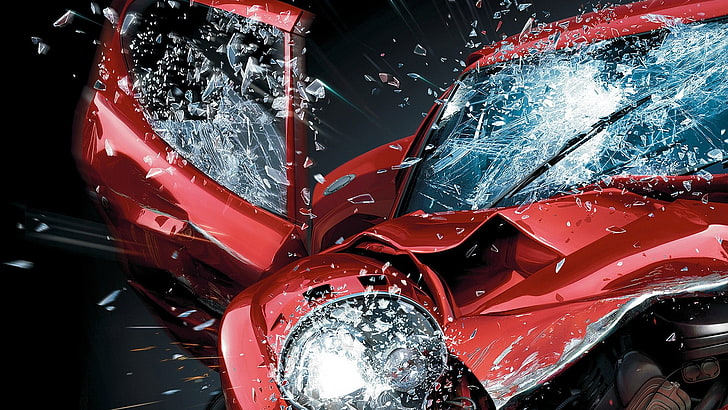 kendaraan merah hancur dengan kaca depan retak, mobil, video game, Burnout Paradise, Wallpaper HD