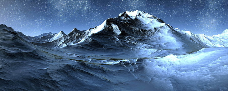 ilustrasi gunung abu-abu, gunung, malam, bintang, salju, seni, Wallpaper HD