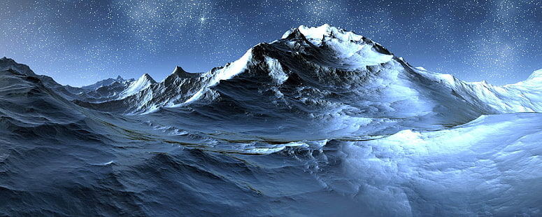 الجبل الرمادي التوضيح ، الجبال ، الليل ، النجوم ، الثلج ، الفن، خلفية HD HD wallpaper